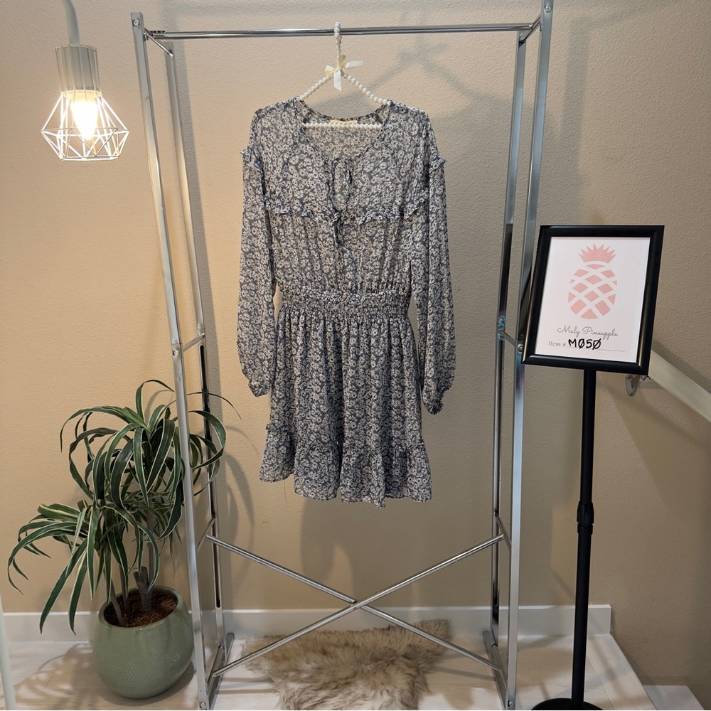 Lovestitch size L long sleeve blue floral sheer ruffle mini dress